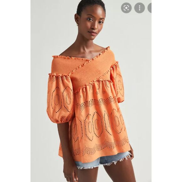 Orange Anthropologie Eyelet Smocked Blouse Top (NWT) - Picture 4 of 4